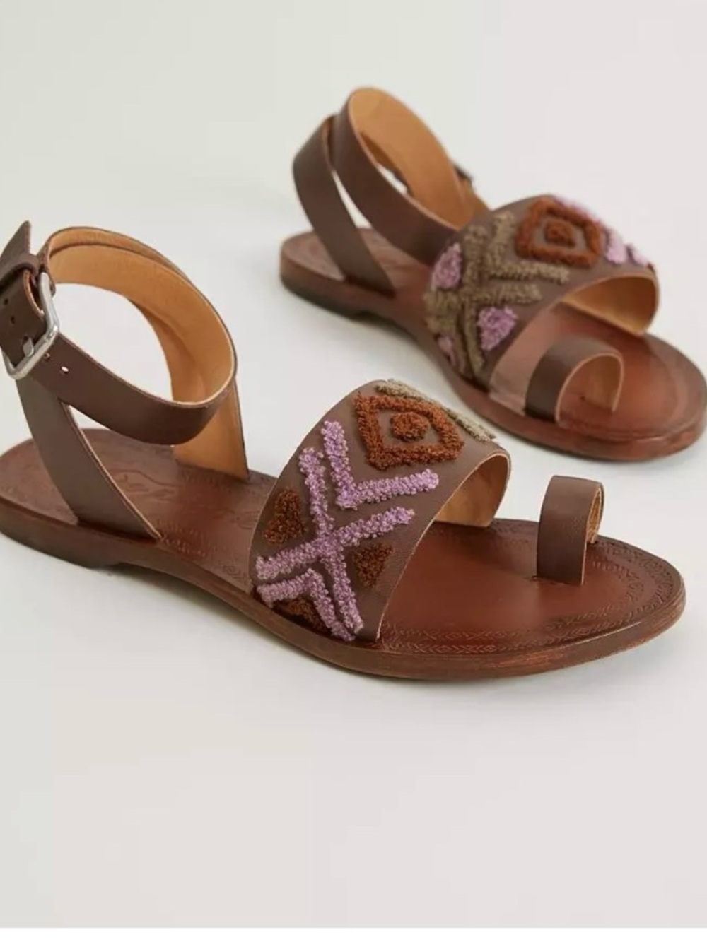 Free People Torrence Flay Sandal with Lavender and Sage embroidered strap. - Picture 2 of 7
